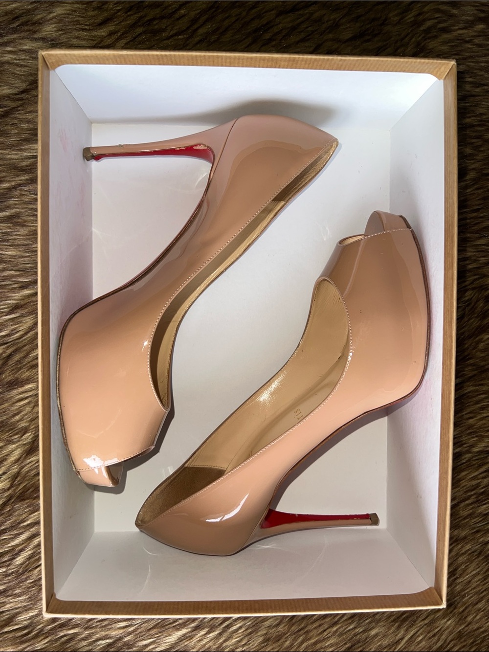 Christian Louboutin Nude Patent Peep-Toe Pumps with Signature Red Sole